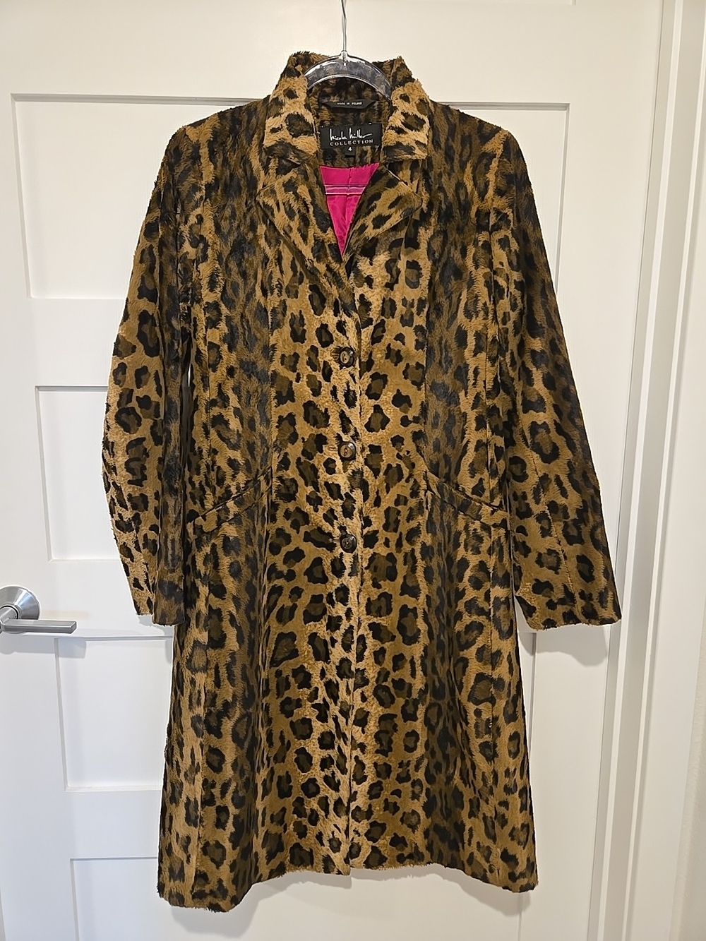 Vintage Nicole Miller Leopard Print Faux Fur Coat with Fuchsia Lining